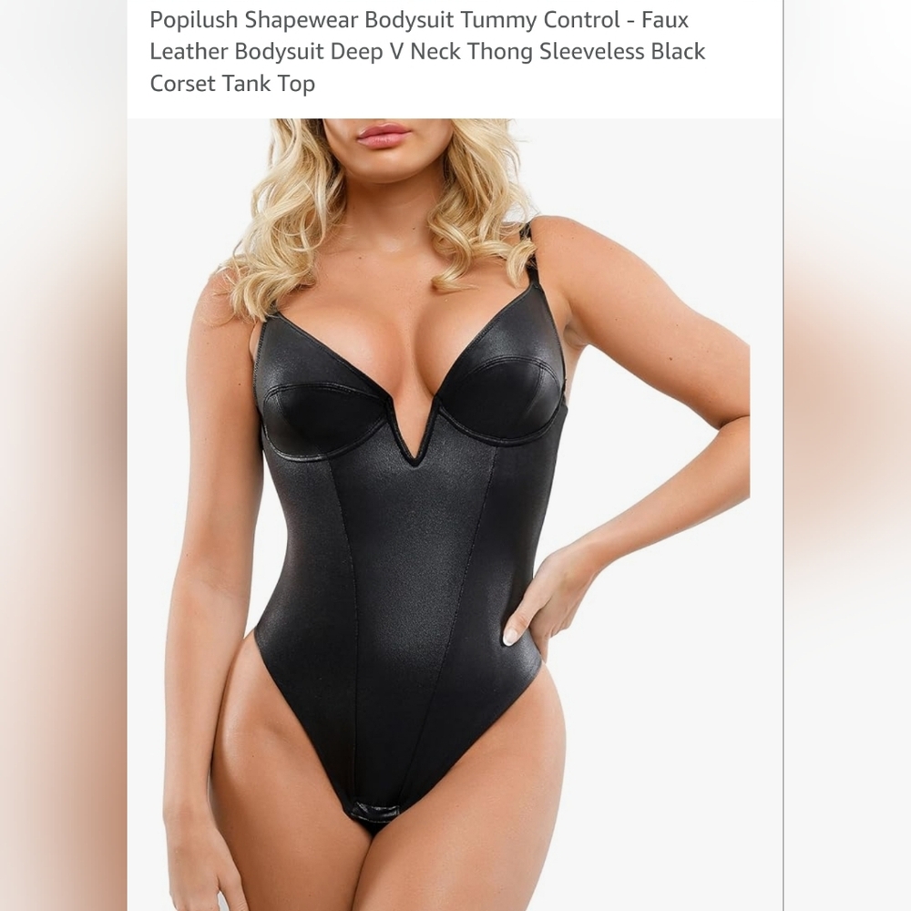 Popilush Shapewear Bodysuit Tummy Control - Faux Leather Bodysuit Deep V Neck